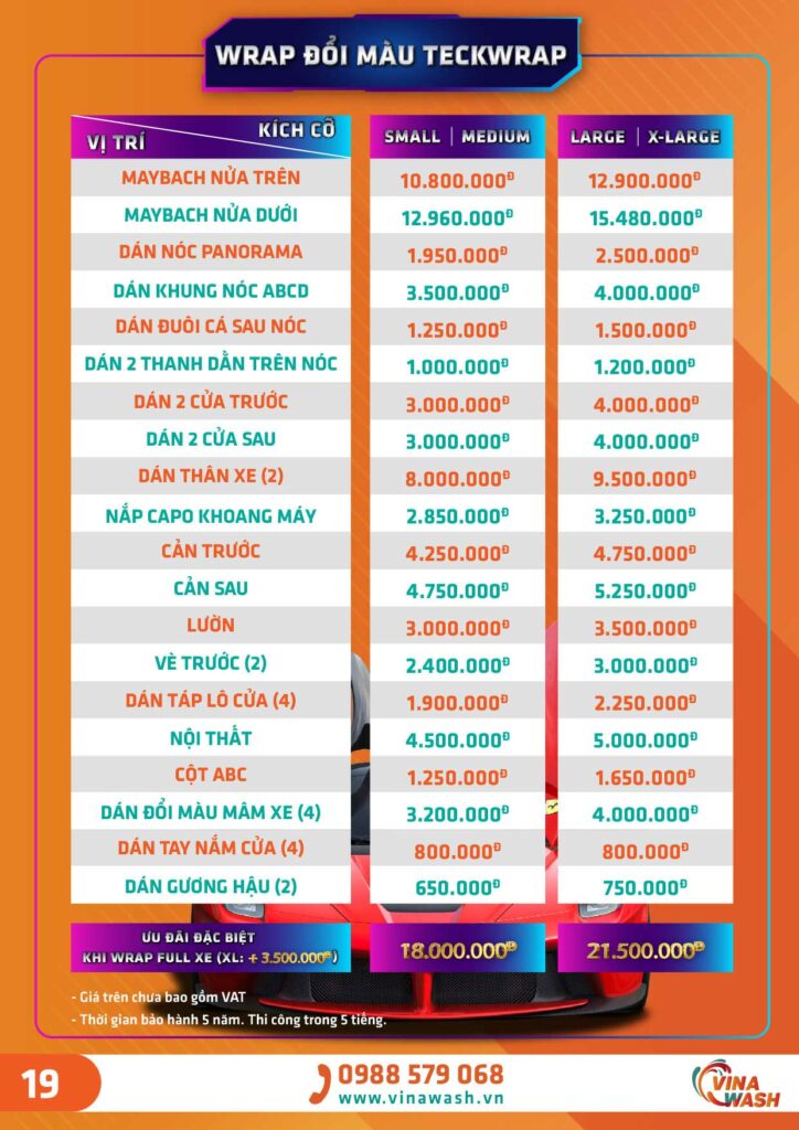 Bảng giá wrap đổi màu Teckwrap tại VinaWash